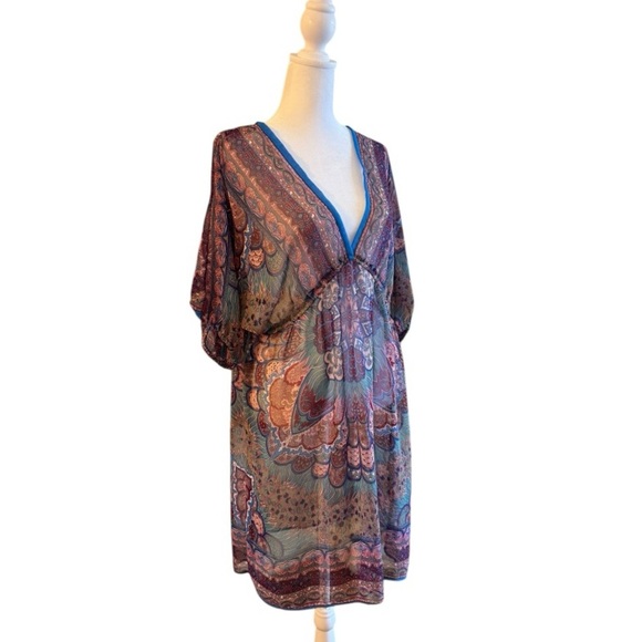 Angie Boho Sheer Paisley Dress Medium Deep V Empire Waist Peasant Sleeve - Picture 3 of 4